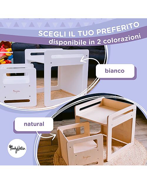 Family Nation Set Tavolo + 2 Sedie Montessori Evolutivi - Bianco - Cresce Con Il Tuo Bambino Tavoli