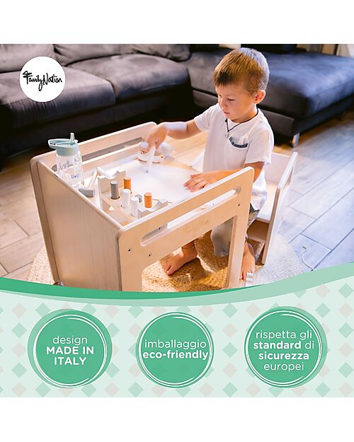 Family Nation Set Tavolo + 2 Sedie Montessori Evolutivi - Natural - Legno di Betulla - Cresce Con Il Tuo Bambino Tavoli