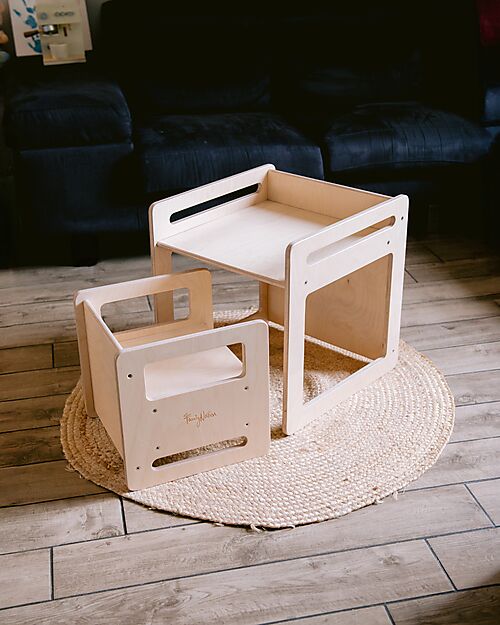 Family Nation Set Tavolo + 2 Sedie Montessori Evolutivi - Natural - Legno di Betulla - Cresce Con Il Tuo Bambino Tavoli