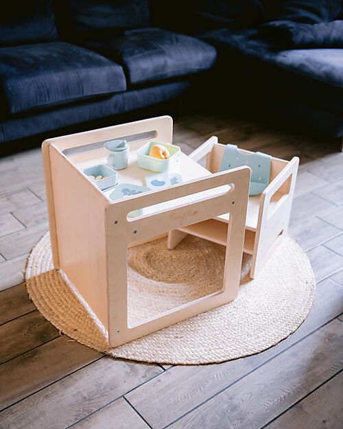 Family Nation Set Tavolo + 2 Sedie Montessori Evolutivi - Natural - Legno di Betulla - Cresce Con Il Tuo Bambino Tavoli