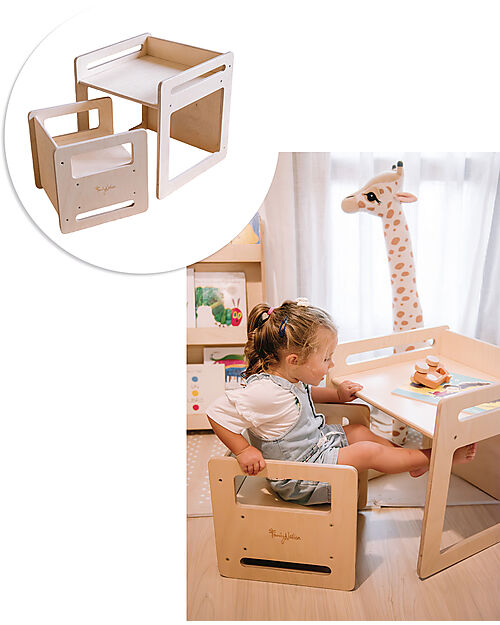 Family Nation Set Tavolo+Sedia Montessori Evolutivi - Natural - Legno di Betulla - Cresce Con Il Tuo Bambino Tavoli