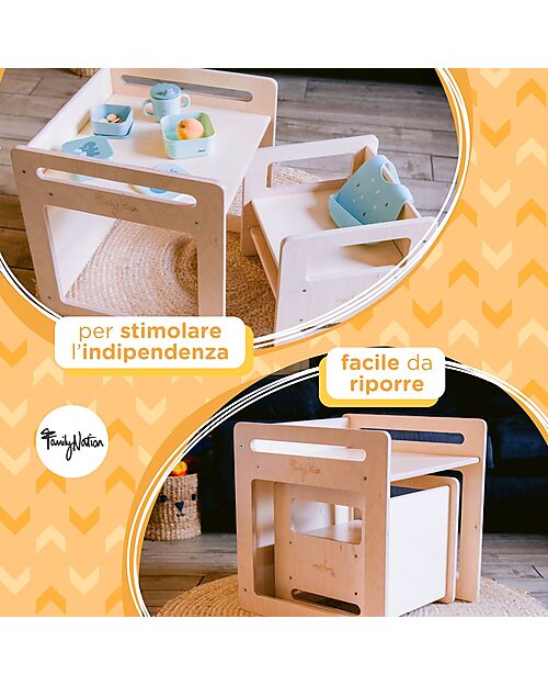 Family Nation Set Tavolo+Sedia Montessori Evolutivi - Natural - Legno di Betulla - Cresce Con Il Tuo Bambino Tavoli
