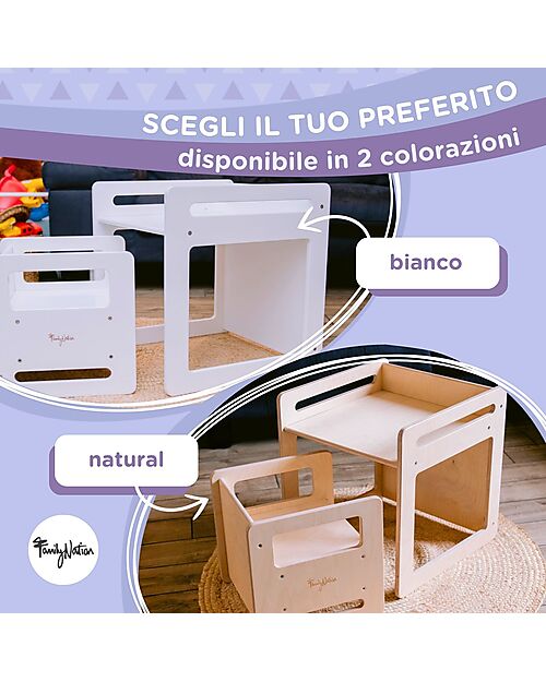 Family Nation Set Tavolo+Sedia Montessori Evolutivi - Natural - Legno di Betulla - Cresce Con Il Tuo Bambino Tavoli