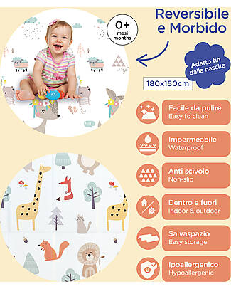 Family Nation Tappeto Gioco Pieghevole Montessori 2 in 1 Reversibile e Morbido - Animal Friends - 180x150cm - dalla Nascita Tappeti Gioco