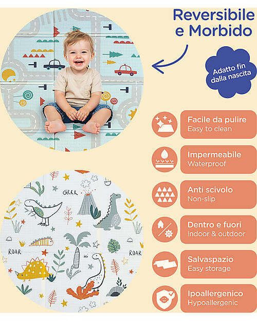 Family Nation Tappeto Gioco Pieghevole Montessori 2 in 1 Reversibile e Morbido - Dino Friends - 180x150cm - dalla Nascita Tappeti Gioco