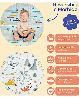 Family Nation Tappeto Gioco Pieghevole Montessori 2 in 1 Reversibile e Morbido - Dino Friends - 180x150cm - dalla Nascita Tappeti Gioco