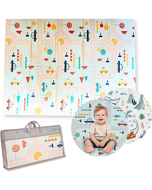 Family Nation Tappeto Gioco Pieghevole Montessori 2 in 1 Reversibile e Morbido - Dino Friends - 180x150cm - dalla Nascita Tappeti Gioco