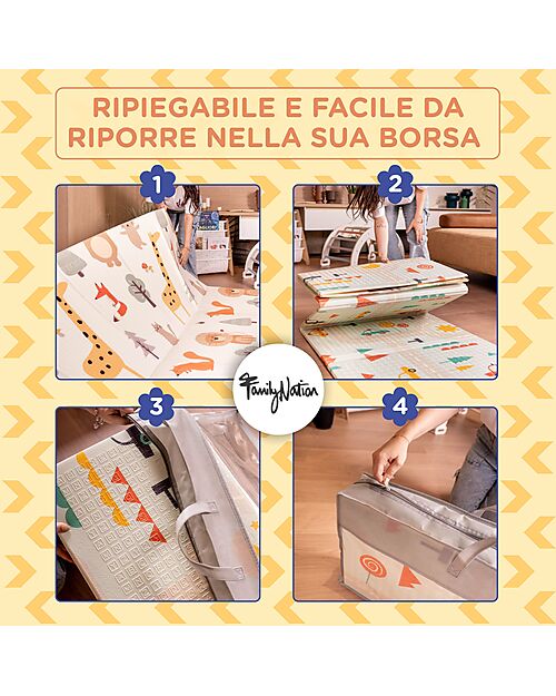 Family Nation Tappeto Gioco Pieghevole Montessori 2 in 1 Reversibile e Morbido - Dino Friends - 180x150cm - dalla Nascita Tappeti Gioco