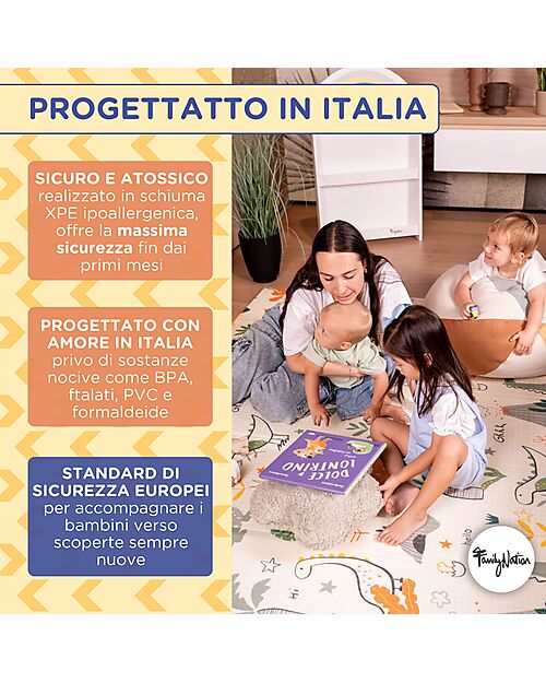 Family Nation Tappeto Gioco Pieghevole Montessori 2 in 1 Reversibile e Morbido - Dino Friends - 180x150cm - dalla Nascita Tappeti Gioco