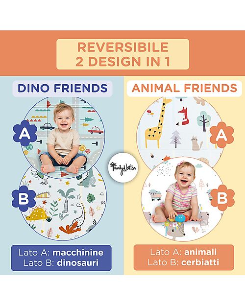 Family Nation Tappeto Gioco Pieghevole Montessori 2 in 1 Reversibile e Morbido - Dino Friends - 180x150cm - dalla Nascita Tappeti Gioco
