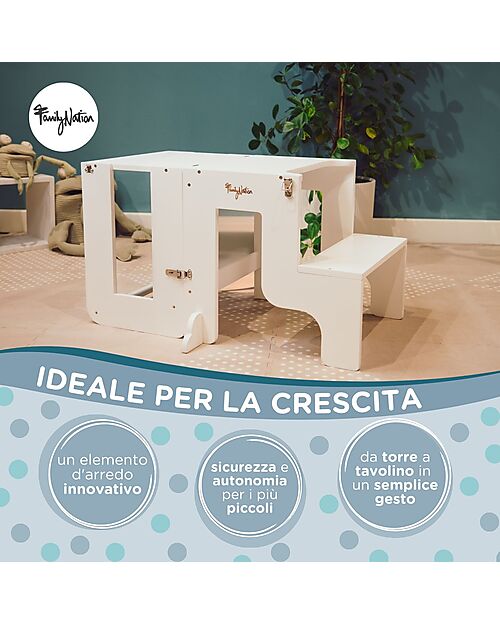 Family Nation Torre Montessori 2 in 1 - Bianco - Convertibile in Tavolo+Sedia Torri Montessoriane_