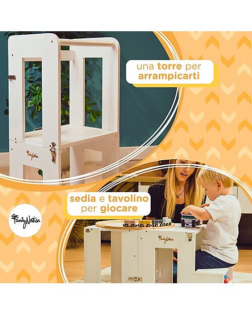Family Nation Torre Montessori 2 in 1 - Bianco - Convertibile in Tavolo+Sedia Torri Montessoriane_