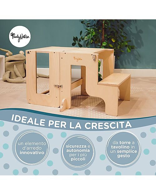 Family Nation Torre Montessori 2 in 1 - Natural - Convertibile in Tavolo+Sedia Torri Montessoriane_