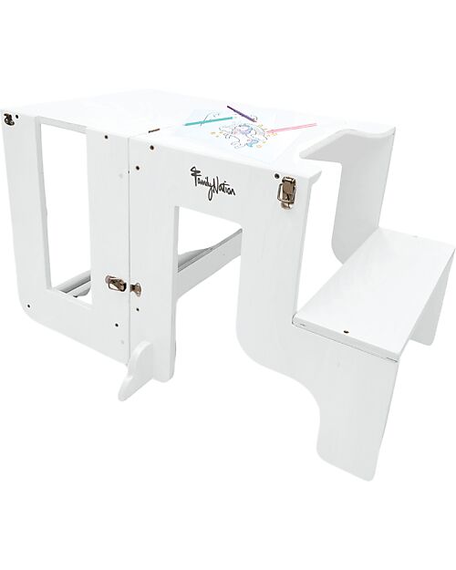 Family Nation Torre Montessori 3 in 1 - Bianco - Lavagna Magnetica e Convertibile in Tavolo+Sedia Torri Montessoriane_