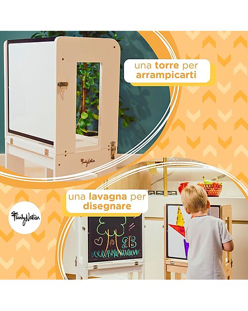 Family Nation Torre Montessori 3 in 1 - Bianco - Lavagna Magnetica e Convertibile in Tavolo+Sedia Torri Montessoriane_