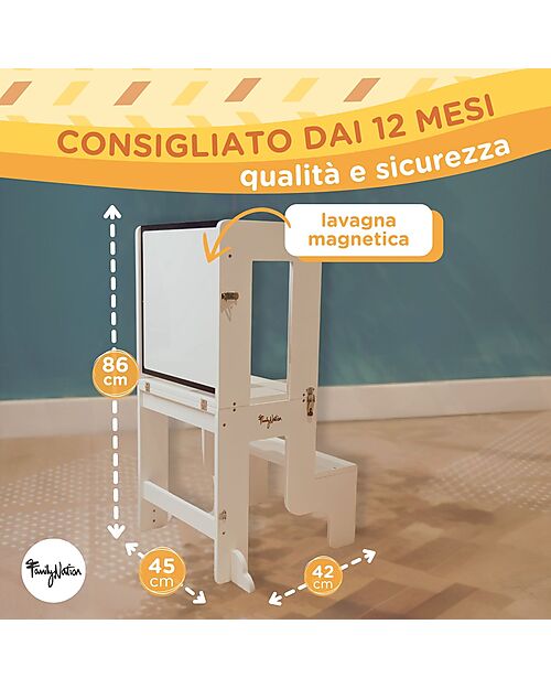 Family Nation Torre Montessori 3 in 1 - Bianco - Lavagna Magnetica e Convertibile in Tavolo+Sedia Torri Montessoriane_