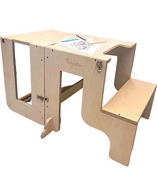 Family Nation Torre Montessori 3 in 1 - Natural - Lavagna Magnetica e Convertibile in Tavolo+Sedia Torri Montessoriane_
