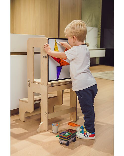 Family Nation Torre Montessori 3 in 1 - Natural - Lavagna Magnetica e Convertibile in Tavolo+Sedia Torri Montessoriane_