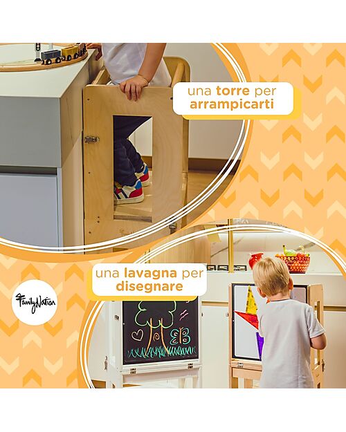 Family Nation Torre Montessori 3 in 1 - Natural - Lavagna Magnetica e Convertibile in Tavolo+Sedia Torri Montessoriane_