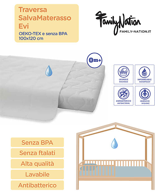 Family Nation Traversa SalvaMaterasso Evi - 100x120 cm - 0m+ - OEKO-TEX e senza BPA Lenzuola e Federe