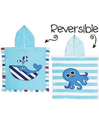 FlapJackKids Accappatoio Poncho Reversibile, Balena+Polpo Blu - 61 x 61 cm Accappatoi e Asciugamani