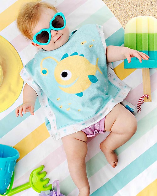 FlapJackKids Accappatoio Poncho Reversibile Pesce+Medusa - 38x38 cm (0-12mesi) Accappatoi e Asciugamani