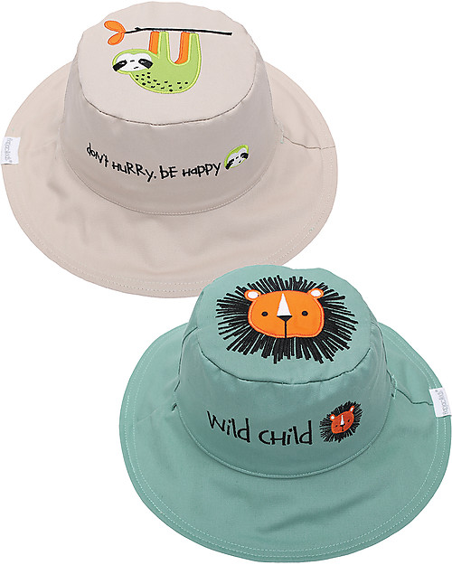 FlapJackKids Cappello Estivo Reversibile Anti-UV SPF 50+ Leone+Bradipo - 100% cotone Cappelli Estivi