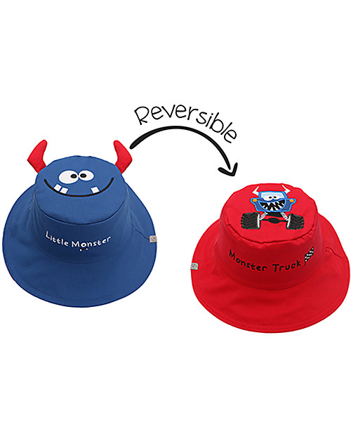 FlapJackKids Cappello Estivo Reversibile Anti-UV SPF 50+ - Mostro+Macchina - 100% Cotone Cappelli Estivi