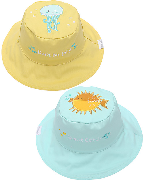 FlapJackKids Cappello Estivo Reversibile Anti-UV SPF 50+ Pesce+Medusa - 100% cotone Cappelli Estivi