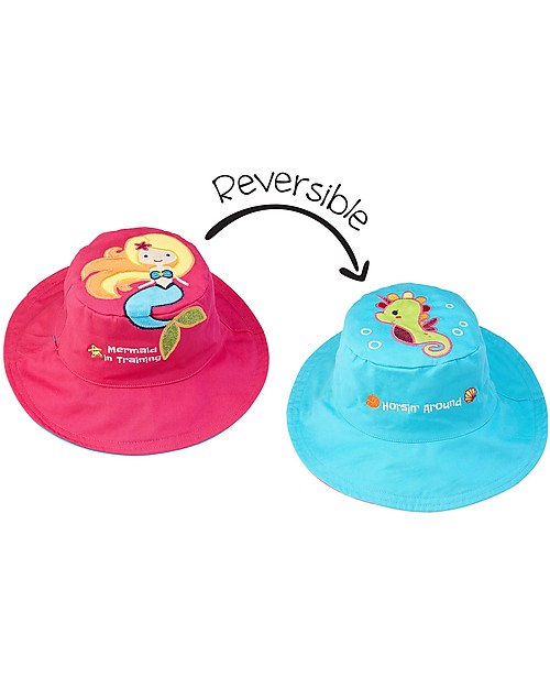 FlapJackKids Cappello Estivo Reversibile Anti-UV SPF 50+ Sirena+Cavalluccio Marino - 100% cotone Cappelli Estivi