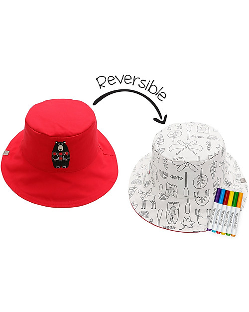 FlapJackKids Cappello Estivo Reversibile da Colorare con Pennarelli - 100% Cotone - Orso Cappelli Estivi