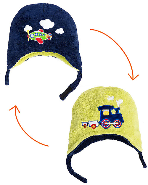 FlapJackKids Cappello Invernale Reversibile in Pile - Treno+Aeroplano - Anti-UV SPF 50+ Cappelli Invernali