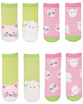FlapJackKids Set 4 Paia di Calzini Anti-scivolo - Gattino e Agnello - Verdi/Rosa Calzini
