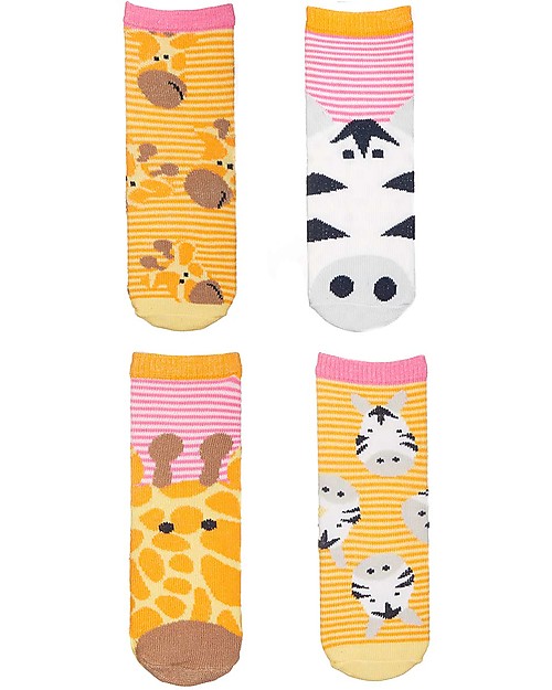 FlapJackKids Set 4 Paia di Calzini Antiscivolo - Giraffa e Zebra - Arancione/Rosa Calzini Antiscivolo