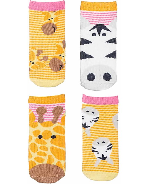 FlapJackKids Set 4 Paia di Calzini Antiscivolo - Giraffa e Zebra - Arancione/Rosa Calzini Antiscivolo