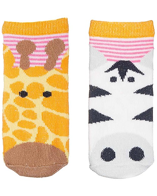 FlapJackKids Set 4 Paia di Calzini Antiscivolo - Giraffa e Zebra - Arancione/Rosa Calzini Antiscivolo