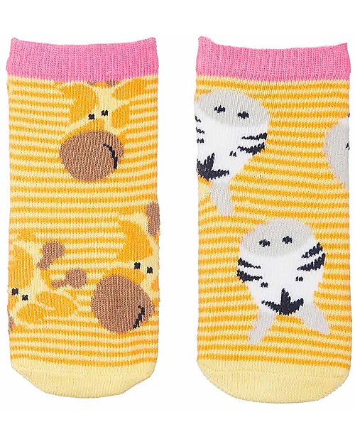 FlapJackKids Set 4 Paia di Calzini Antiscivolo - Giraffa e Zebra - Arancione/Rosa Calzini Antiscivolo