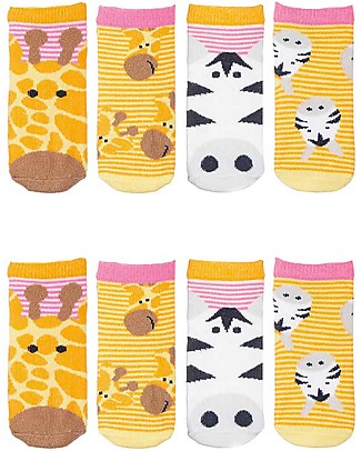 FlapJackKids Set 4 Paia di Calzini Antiscivolo - Giraffa e Zebra - Arancione/Rosa Calzini