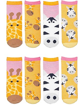 FlapJackKids Set 4 Paia di Calzini Antiscivolo - Giraffa e Zebra - Arancione/Rosa Calzini