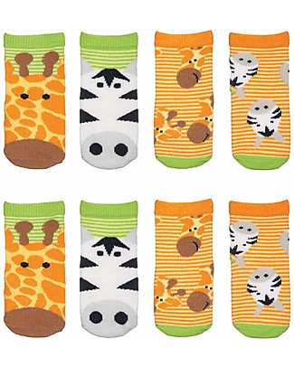 FlapJackKids Set 4 Paia di Calzini Antiscivolo - Giraffa e Zebra - Arancione/Verde Calzini Antiscivolo