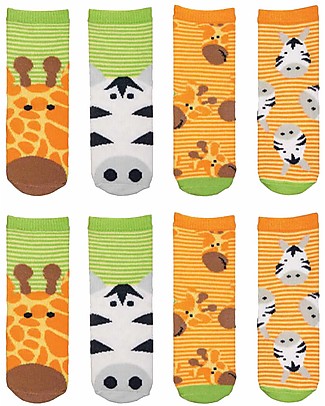 FlapJackKids Set 4 Paia di Calzini Antiscivolo - Giraffa e Zebra - Arancione/Verde Calzini