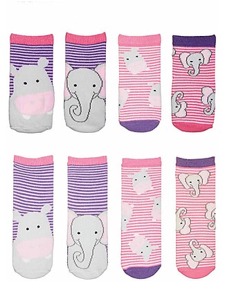 FlapJackKids Set 4 Paia di Calzini Antiscivolo - Ippopotamo e Elefante - Viola/Rosa Calzini Antiscivolo