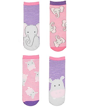FlapJackKids Set 4 Paia di Calzini Antiscivolo - Ippopotamo e Elefante - Viola/Rosa Calzini