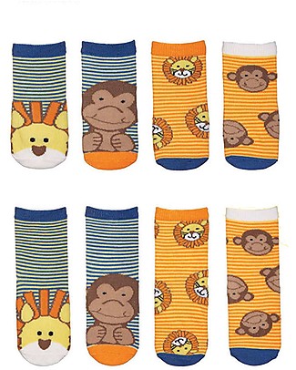 FlapJackKids Set 4 Paia di Calzini Antiscivolo - Leone e Scimmia - Arancione/Blu Calzini