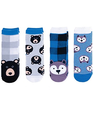 FlapJackKids Set 4 Paia di Calzini Antiscivolo - Lupo e Orso Nero - Blu/Grigio Calzini Antiscivolo