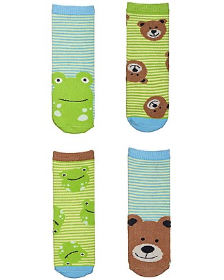 FlapJackKids Set 4 Paia di Calzini Antiscivolo - Rana e Orso - Marrone/Verde Calzini