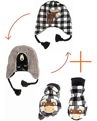 FlapJackKids Set Cappello Reversibile Alce/Orso + Guanti Alce - Pile Anti-UV SPF 50+ Cappelli Invernali