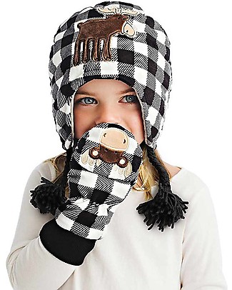 FlapJackKids Set Cappello Reversibile Alce/Orso + Guanti Alce - Pile Anti-UV SPF 50+ Cappelli Invernali