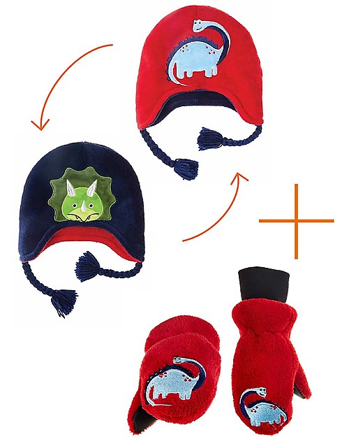 FlapJackKids Set Cappello Reversibile Dino + Guanti Dino - Pile Anti-UV SPF 50+ Cappelli Invernali