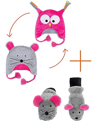 FlapJackKids Set Cappello Reversibile Gufo/Topino + Guanti Topino - Pile Anti-UV SPF 50+ Cappelli Invernali